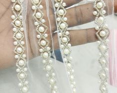 Exquisite Pearl Beaded Trim With Rhinestones in Ivory for | Etsy UK White Rhinestone Bridal Accessories For Ceremony, White Bridal Accessories With Rhinestones For Ceremony, Wedding Bridal Belt Beaded With Pearls, Wedding Bridal Belt With Beaded Pearls, Wedding Pearl Beaded Bridal Belt, White Rhinestones Bridesmaid Bridal Accessories, Embellished White Bridal Belt For Bridesmaid, White Embellished Bridal Belt For Bridesmaid, Black Lace Fabric