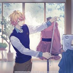 an anime character holding onto a dress on a mannequin in front of a window