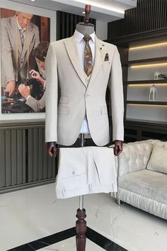 Alvis Newest Beige Three Pieces One Button Prom Suits For Men Beige Suits For Men, Beige Suit, Prom Suits For Men, Suit Man, Suits Men Business, Beige Suits, Business Suits, Khaki Jacket, Lapel Jacket