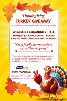 the thanksgiving turkey giveaway flyer is shown with an image of a turkey on it