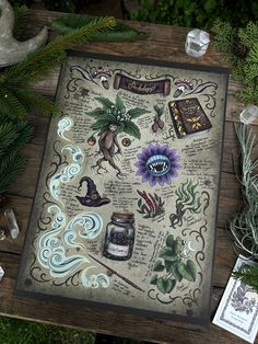 a table topped with lots of different items on top of a wooden table next to plants