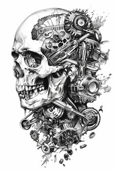 a drawing of a skull with gears and wheels on it's face, in black and white