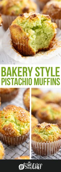 some type of muffins that are sitting on a rack with the words bakery style pistachio muffins