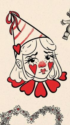 Creepy Gals Art, Hello Kitty Clown Tattoo, Clown Girl Drawing, Cartoon Clown, Sweet Drawing, Cartoon Tattoo Ideas, Animated Shows, American Traditional Tattoo Ideas, Traditional Tattoo Ideas