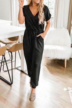 Cross V-neck Short Sleeve Jumpsuit V-neck Jumpsuits And Rompers With Pockets For Work, Fall V-neck Jumpsuits And Rompers In Solid Color, Elegant V-neck Jumpsuits And Rompers With Tie Waist, Chic Fitted V-neck Jumpsuits And Rompers, Elegant V-neck Jumpsuits And Rompers For Going Out, Casual V-neck Jumpsuits And Rompers For Summer, Trendy Fitted V-neck Jumpsuits And Rompers, Black V-neck Jumpsuit With Pockets, Black V-neck Jumpsuits And Rompers With Pockets