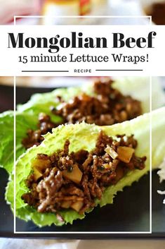 lettuce wraps filled with minced beef and topped with shredded cheese on a black plate