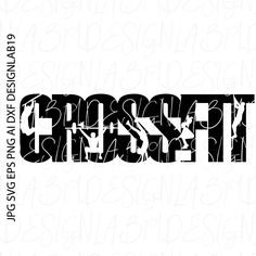 the word crossfit is written in black and white with an artistic font pattern