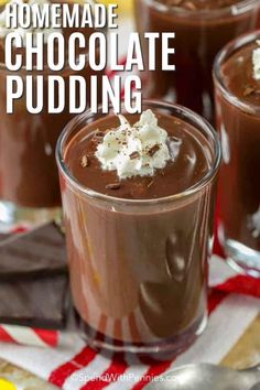 chocolate pudding with whipped cream on top in a glass cup, and the text overlay says chocolate pudding