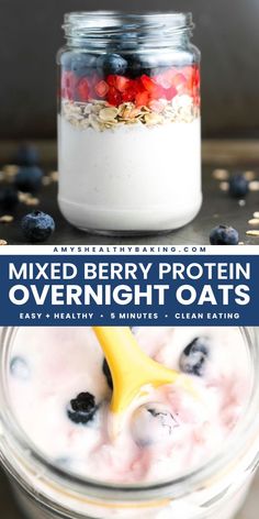 6 ingredients are all you need for these Mixed Berry Protein Overnight Oats! Not only is this healthy breakfast idea gluten free and clean eating, but it's also naturally sweet. Save this pin and try one of the best overnight oats recipes!