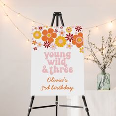 a young wild and three birthday sign on an easel with lights in the background