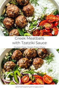 greek meatballs with tzatzka sauce in a white bowl on a table