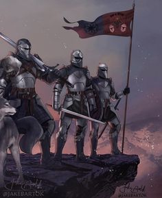 some knights are standing on top of a hill with a flag in the sky above them