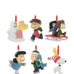 christmas ornament set of 6 featuring cartoon characters on sled, snowman and dog