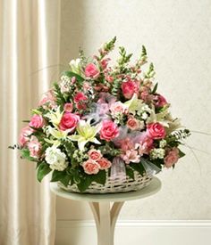 Large Sympathy Arrangement In Basket - Pink & White Flowers Arrangements Birthday, Sympathy Baskets, Flower Bouquet Basket, Big Flower Bouquet, Bouquet Basket, Sympathy Basket, Basket With Flowers, Sympathy Arrangements, Very Beautiful Flowers