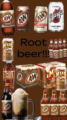 an advertisement for root beer with various bottles and cans