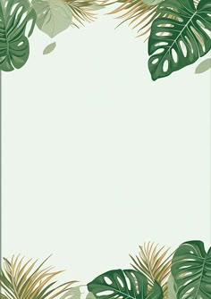 a frame with tropical leaves and plants on the edges, in shades of white and green