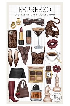 a poster with different types of women's clothing and accessories on it, including lipstick,