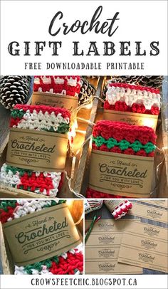 crochet christmas gift labels are shown in three different pictures and the text is below them