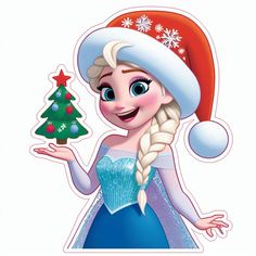 a frozen princess holding a christmas tree in one hand and wearing a santa hat on the other