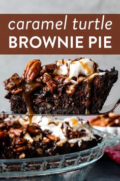 caramel turtle brownie pie with pecans and whipped cream drizzled on top