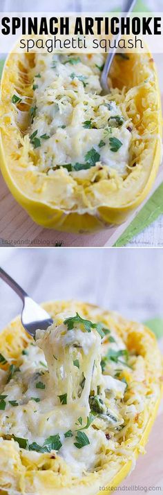 spinach artichoke spaghetti dish in a yellow bowl with a spoon inside it