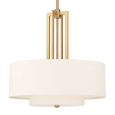 a light fixture with a white shade on the bottom and a gold frame around it