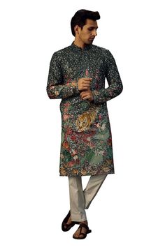 Green kurta with floral fauna motifs and heavy sequin embroidery. - Aza Fashions Kurta For Men, Kurta Patterns, Kurta Men, Sequin Embroidery, Sequins Embroidery, Band Collar, Aza Fashion, Types Of Sleeves, Sequin