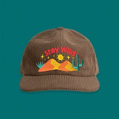 stay cool, stay wild. Embroidered directly onto a super soft corduroy hat, that's sure to become your new favorite. Please note: these hats are somewhere in between a flat bill and a curved bill. The brim can bend quite a bit to suite your preference. Hat specs: Lower profile, unstructured six panel Adjustable fastener with metal clasp, tonal under-peak lining Mid weight Flat Peak 100% cotton One size fits all I understand that it's hard to know if a hat fits until you try it on, I accept return