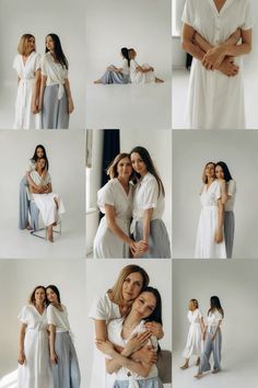 two women are hugging each other while posing for pictures in white outfits and blue pants