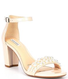 Alex Marie HalmarThree Patent Pearl Strap Block Heel Sandals | Dillard's Alex Marie Shoes, Bride Sandals, Pearl Bride, Pearl Embellishment, Pearl Shoes, White Sandals Heels, Alex Marie, Groom Dresses, Block Heel Sandals