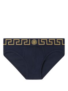 navy blue stretch-cotton Medusa Head motif signature Greca detailing elasticated logo waistband classic bottoms Just a reminder that this piece must be tried on over your own garments. Classic Cotton Brief Bottoms, Summer Stretch Bottoms With Logo Waistband, Fitted Bottoms With Logo Waistband For Summer, Fitted Summer Bottoms With Logo Waistband, Stretch Bottoms With Logo Waistband For Loungewear, Stretch Briefs With Logo Waistband, Aviator Watch, City Shorts, Balenciaga Track