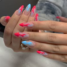 Pretty Nails Colorful, Acrylic Nails Two Colors On Each Hand, Nacho Libre Nails, Punk Summer Nails, Neon Stiletto Nails Designs, Asymmetrical Nail Design, Fire Nails Acrylic, Funky Nail Art Acrylic, Nail Art 2024 Trends