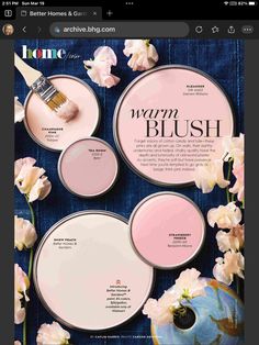 the front page of a magazine with different shades of pink and white paint on it