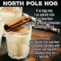 two glasses filled with ice cream and cinnamon sticks on top of each glass, labeled north pole nog