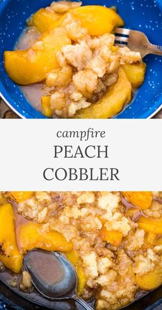 campfire peach cobbler in blue enamelware bowl with fork and cast iron skillet with spoon Campfire Peach Cobbler, Smoked Peach Cobbler, Oven Peach Cobbler, Oven Desserts, Dutch Oven Peach Cobbler, Dutch Desserts, Camping Dessert Recipes, Campfire Recipes