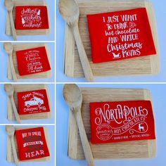 four pictures of red coasters with white lettering on them and wooden spoons next to each other