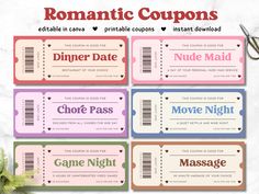 printable coupons for movie nights are available in pink, blue, and green