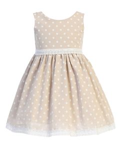 Stylish Easter dress by Swea Pea & Lilli designer brand. This sleeveless dress features bow adorning the waist. Cotton chambray polka-dot dress in khaki with lace trims. Your baby girl is sure to enjoy wearing this adorable dress. Made in USA. Sleeveless Polka Dot Dress With Lace Trim, Fitted Polka Dot Dress With Lace Trim, Polka Dot Dress With Lace Trim For Spring, Sleeveless Swiss Dot Summer Dresses, Polka Dot Summer Dress For Formal Occasions, Cute Swiss Dot Summer Dress, Black Tuxedo Suit, Christening Shoes, Polka Dot Skirt