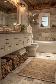 a bathroom with a toilet, sink and bathtub in the middle of the room