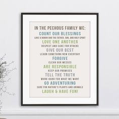 a framed poster with the words in the pecious family we count our blessings