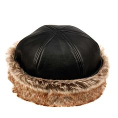 Pillbox style faux leather hat. Faux fur cuffed band. Quilted satin lining. One size, runs large, fits up to 59.5 cm (23 3/8"). Crown 5" deep. 100% acrylic. Fur Glasses, Leather Bucket Hat, William Black, Leather Hat, Pillbox Hat, Leather Hats, Leather Bucket, Womens Glasses, Pill Boxes