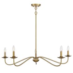 a brass chandelier with five lights hanging from the ceiling and four candles on each end