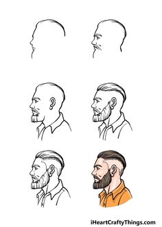 four different types of men's hair and beards, with the same man's face