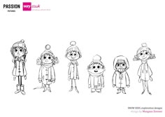 a line drawing of people in winter clothes and hats, all standing together with their arms around each other