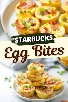 the cover of starbuck's egg bites on a white plate with bacon and green onions