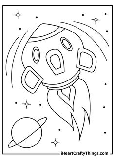 a coloring page with an image of a space shuttle and saturn in the background, as well as stars