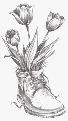 a drawing of a boot with tulips in it and a shoe on the ground