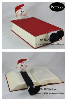 two pictures of an open book with a stuffed santa clause on top and the same one in red