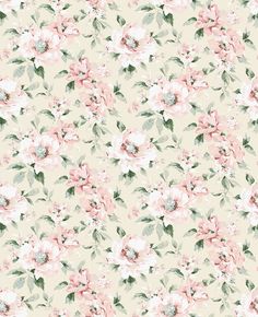 a floral wallpaper with pink flowers and green leaves