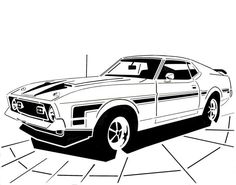 a black and white drawing of a muscle car